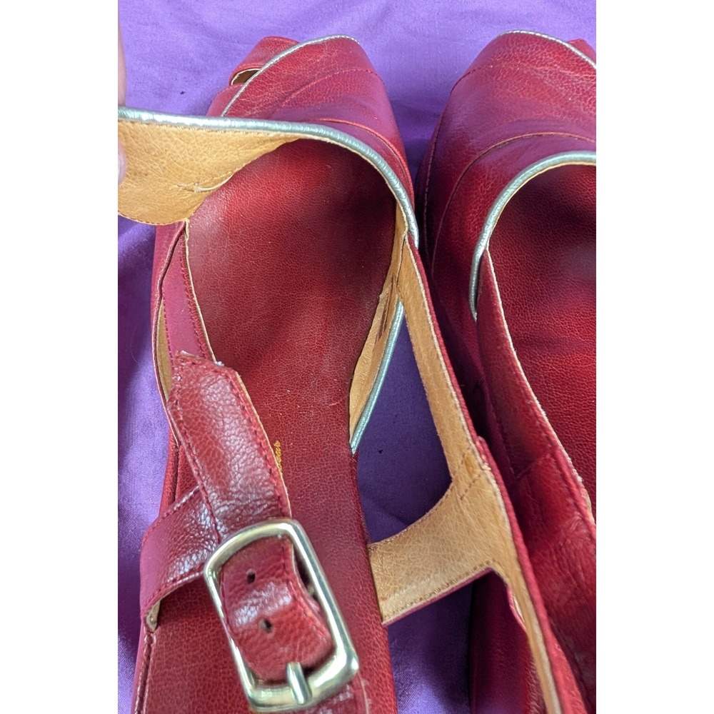 Re-mix Vintage Red L'amour Wedge Belted Sling Back Layered Sz 8 Peep Toe - Picture 9 of 12